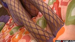 Brunette Chick in Fishnets Toying and Fingering Her Wet Pussy Hole