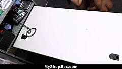 Summer Col and August Skye get caught shoplifting then suck and fuck the officer in the office