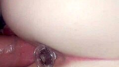 Tight girlfriend slides in that new buttplug before bending over for doggystyle fucking with big cock