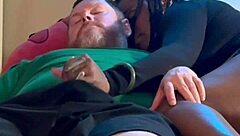 Amateur ebony babe sucks and fucks white guy hard in hood bedroom action