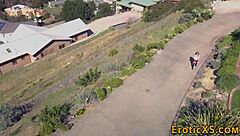 Hey, watch this blonde babe bend over to ride a huge monster cock until creampie drips out