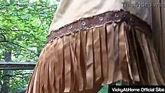 Blonde Milf Vicky Vette Masturbates Wet Pussy Lips in Lingerie Costume Outdoors