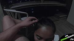 Can she really suck your dick on the balcony while friends watch her swallow cum?