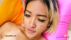 Oh man, this gorgeous Asian model is stripping down on the sofa, showing off her petite body during the photoshoot 😍