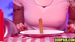 The kinky ebony contestant straps on her dildo. She dominates and pounds her blonde and curvy competitors in an intense interracial group game