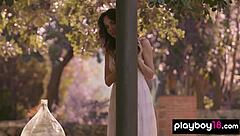 Check out this lovely brunette German teen 18+ Bianka Helen stripping and posing nude outdoors