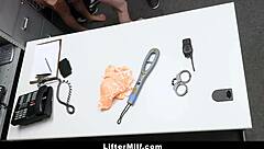 Two security officers catch a busty milf shoplifting in the store. They team up to punish her with intense domination in the office