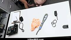 Two security officers catch a busty milf shoplifting in the store. They team up to punish her with intense domination in the office