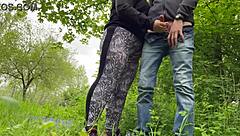 I felt my mother in law's camel toe through her leggings while she made me cum with that wet handjob outdoors