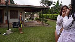 A pair of Colombian latinas with big asses lure gym clients. Melany Latina leads rough three-way fuck with milk play