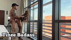 So this petite ebony babe in fishnets gets a intense session with a muscular guy behind the scenes