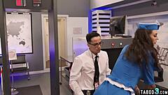 Hey, why don't you fuck this big-boobed skinny flight attendant like Rocky Emerson with that security guard vibe?