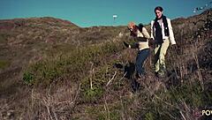 lesbian couple shares outdoor kiss then uses strapon for heated action