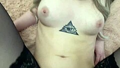 The cute blonde neighbor in black stockings joins the amateur couple for deepthroat and creampie riding fun.