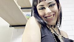 The nerdy Brazilian brunette with big clit stuffs a toy into her natural tits slut pussy.