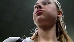 in the gym locker room, a horny teen beauty massages her shaved pussy on the bench until she squirts everywhere