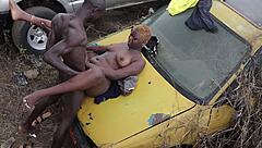 the mechanic pulls out his big cock to fuck the client hard on the car hood in the garage while people watch