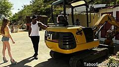 black stepdad bends over and fucks his teen stepdaughter hard in outdoor sucking session