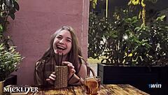 she wonders how many cocktails it takes before bending over for rough doggystyle sex with muscular guy. quickie leads to creampie in wet pussy.