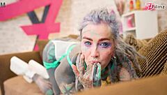 dreadlocks hippie pornstar like me gives this big cock a sloppy blowjob then rides it anal style with creampie and gaping