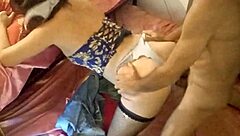 French amateur bends over for doggystyle fuck in blue corset and grey satin panties with rimjob and blowjob