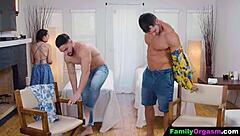 Submissive Stepdaughters Gift Massage Day to Stepdads with Group Banging on Desk