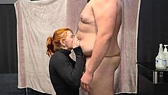 Wait, is this chubby guy getting belly kisses from a hot redhead girl before she gives him a blowjob and facial?