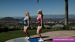 hot natural busty blonde lesbians kay lovely and slimthick vic suggestively kiss and lick after outdoor workout session.