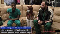 soccer star jewel undergoes a sports physical, focusing on her brunette short hair and small natural tits in a hospital setting.