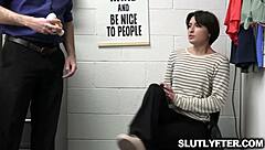 Hey, that shoplifter teen Angeline is spreading wide open in the office for some action with a big cock.