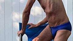 hey, i'm doing deep pelvic stretching in my blue briefs on that blue chair this late october 2024