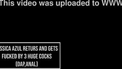 Perfect body Brazilian Jessica Azul returns for deep anal action with three huge cocks, including double penetration and gapes.