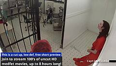 Lesbian torment clinics of America feature Lilly Lyle and Nikki Star in a backstage scene with handcuffs, gloves, and pussy spreading.