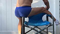 hey, i'm doing deep pelvic stretching in my blue briefs on that blue chair this late october 2024
