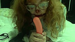 bold babe in halloween costume screams during double penetration with dildo toys