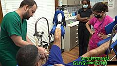 angel ramiraz spreads shaved pussy in latex gloves for backstage cum clinic extraction