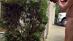 nakedman15 struts his cock flashing in the garden exhibition style