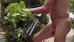 nakedman15 struts his cock flashing in the garden exhibition style