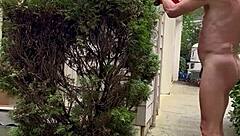 nakedman15 struts his cock flashing in the garden exhibition style