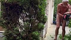 nakedman15 struts his cock flashing in the garden exhibition style