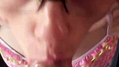 glasses-wearing karla rose kneels in pov locking eyes as she sucks my wrapped cock hungrily