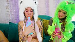 look at these tattooed sluts in a wild lesbian orgy with dildos, costumes, and massive orgasms.