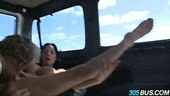 rebecca linares joins two teen babes madelyn monroe for steamy lesbian action on the bus.