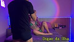 Tattooed hottie sucks cock oils up sheer red holiday backstage