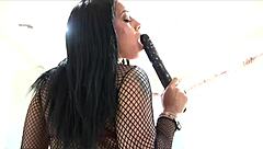 jazmine cashmere bends over bed for huge black cock assfucking in fishnets