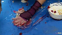 lesbian blondes smear food on big tits and asses then lick and toy each other wild!