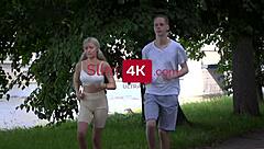 petite blonde with braces gets fucked hard and facialed post-jog