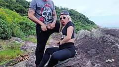 Stepsister Vacation Beach Blowjob! Cute Blonde Deepthroats Monster Cock Outdoors