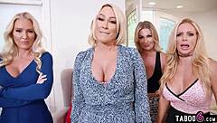 Young guy gets reverse gangbanged by five busty blonde milfs with huge tits