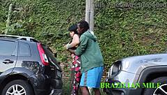 Heart pounding as valet rams milf's wet mouth with monster black cock on street